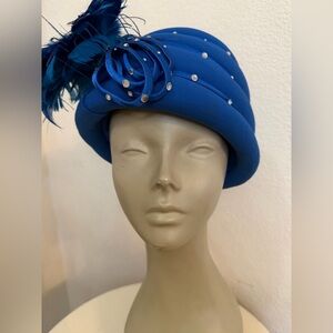 Vintage Church blue hat turbo crown style blue feathers rhinestones 7 1/4 Milano
